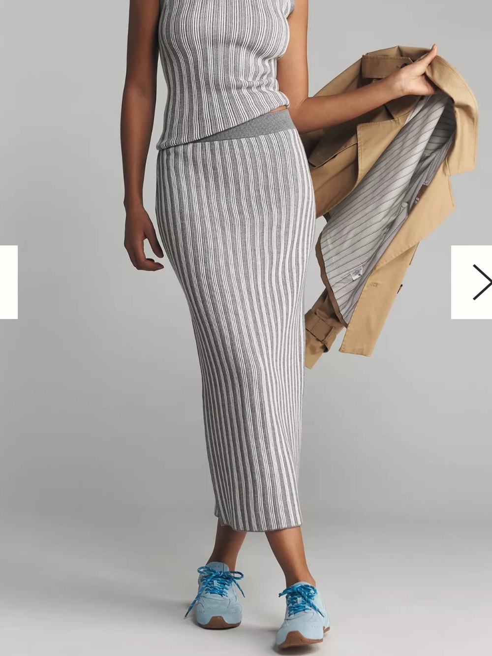 Varley Mairead Rib Knit Skirt XXS 2 Grey White Stripe Slit